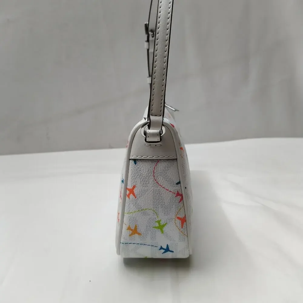 Michael Kors Jet Set White Leather Airplanes Printed Zipper Hobo Bag - NWT